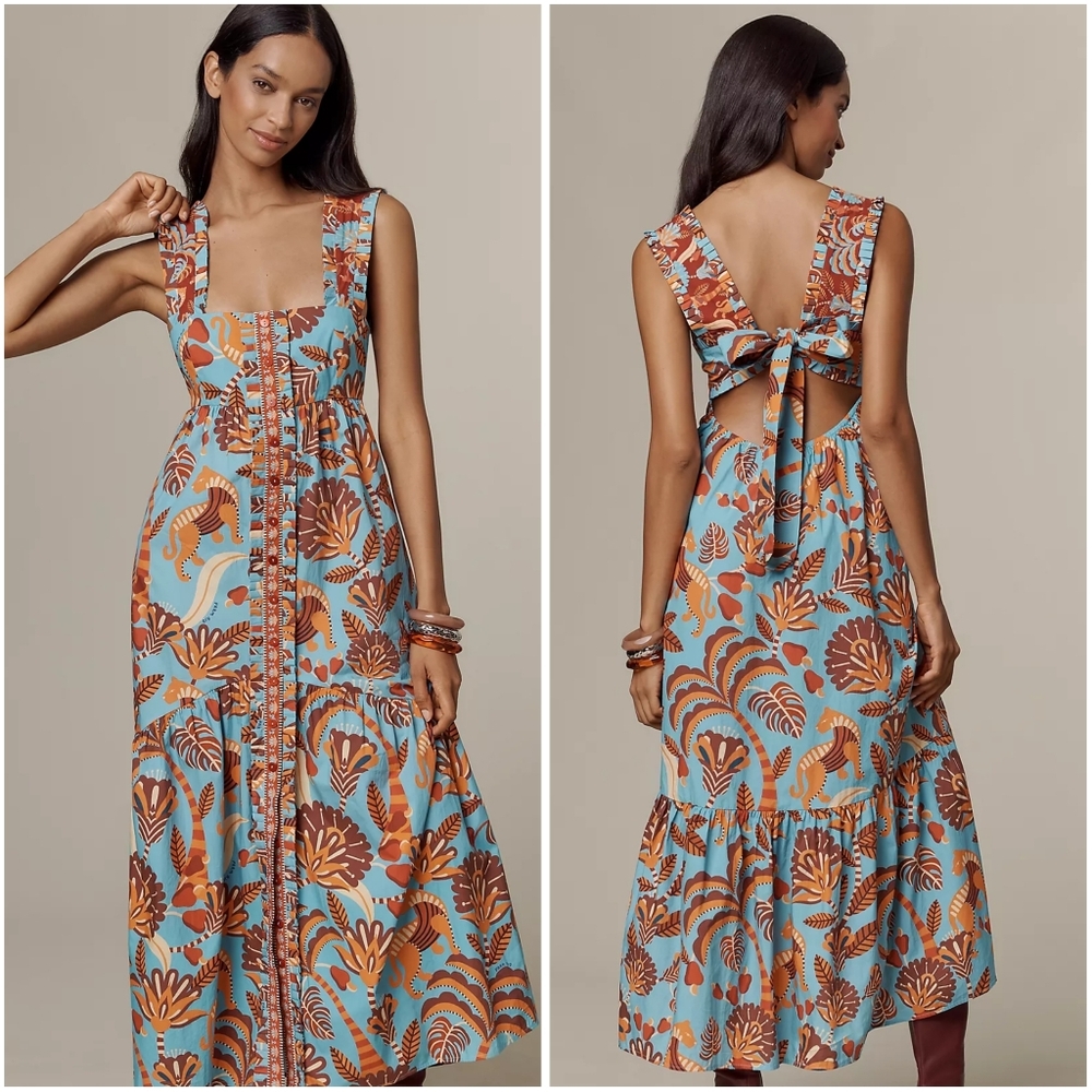 Anthropologie Farm Rio Square Neck Midi Dress Blue Orange XL NWT New